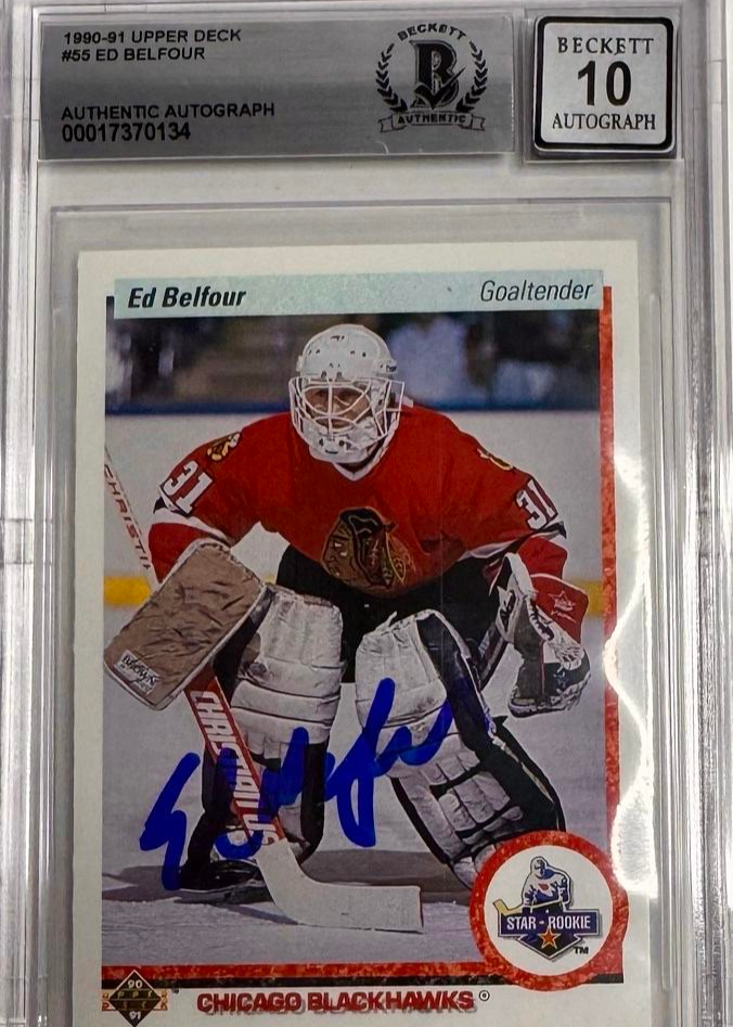 1990 Ed Belfour Signed Upper Deck Rookie Card - Beckett Auto Grade 10